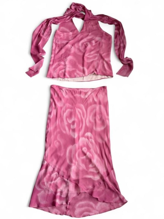 Express World Brand Dresses & Skirts - Vintage Y2K Express 100% Silk Pink Rose Halter Top Midi Skirt 2 Piece Set L